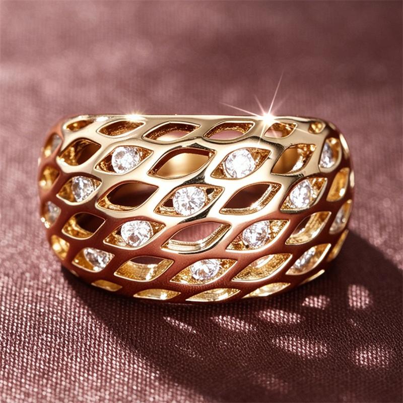 Huitan Graceful Gold Color Ring with Hollow-out Design for Women Fashion Bright Cubic Zirconia Finger Accessories for Daily Wear