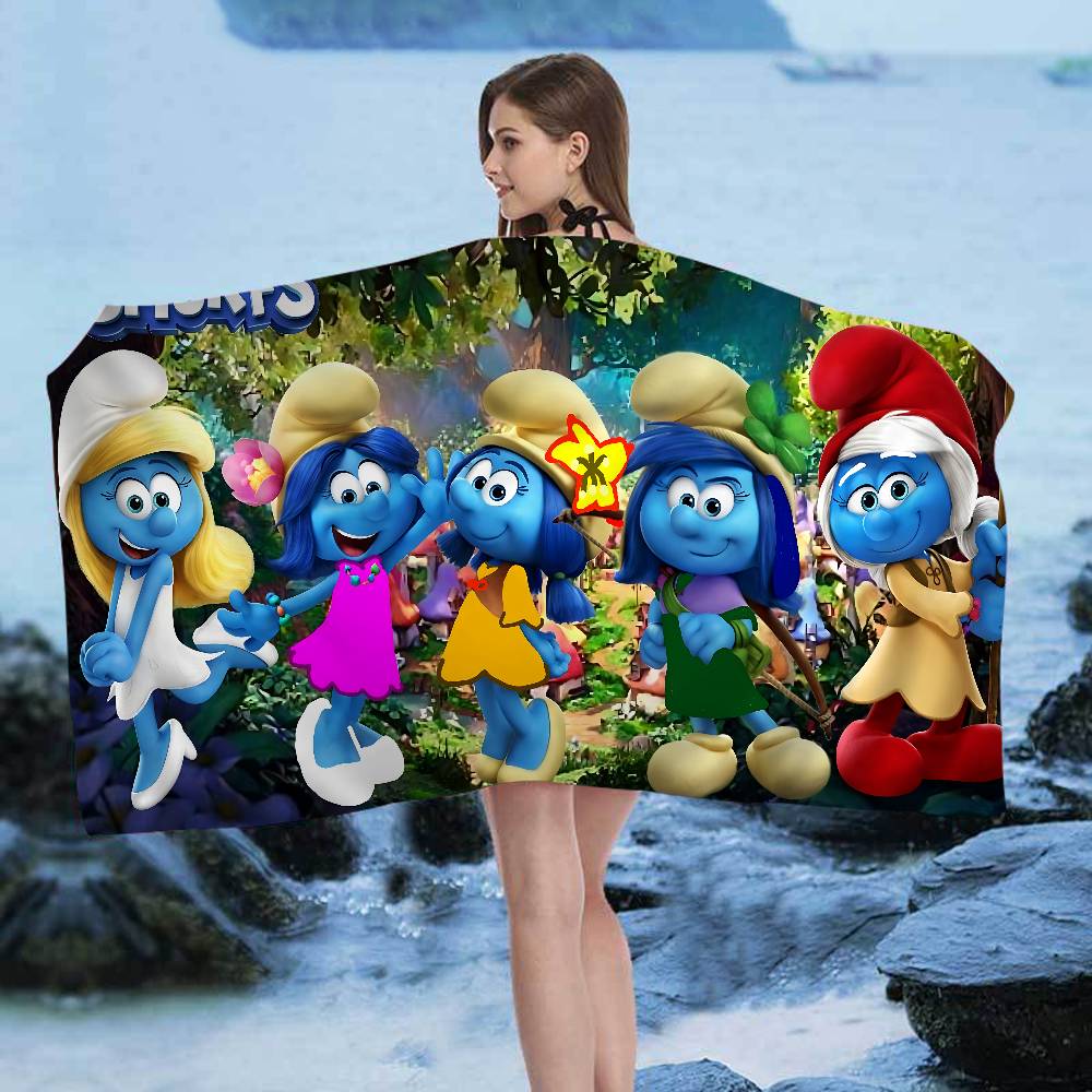 Cartoon S_Smurfs Microfiber Blanket Quick Drying Beach Towels Oversized Printing Super Absorbent Pool Towel Blanket