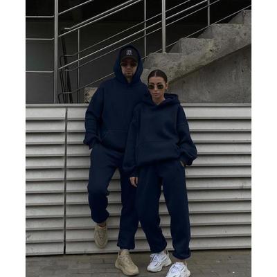 Traje de sudadera con capucha de moda de otoño e invierno para parejas con felpa interior ahora es casual holgado de manga larga