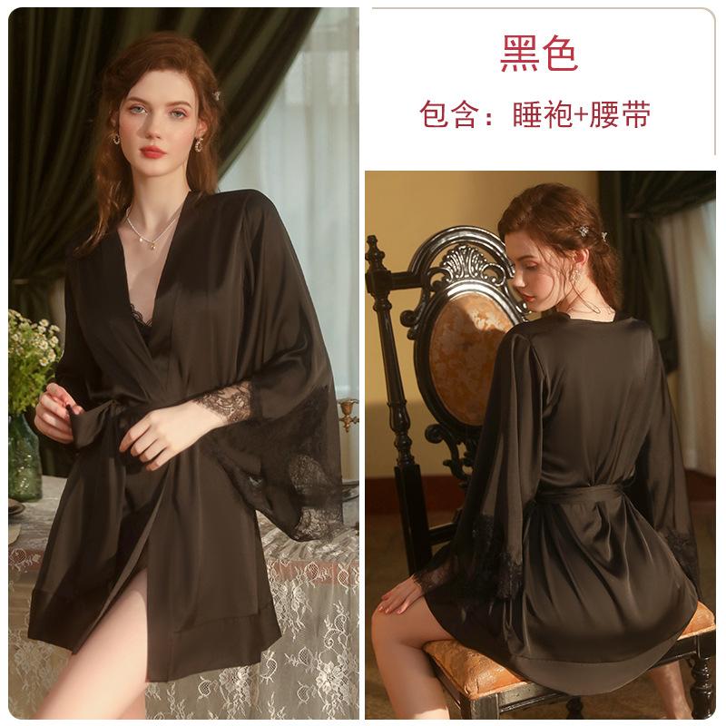 Women's Lace Cardigan Tie Sleepwear Bathrobe Lounge Set
