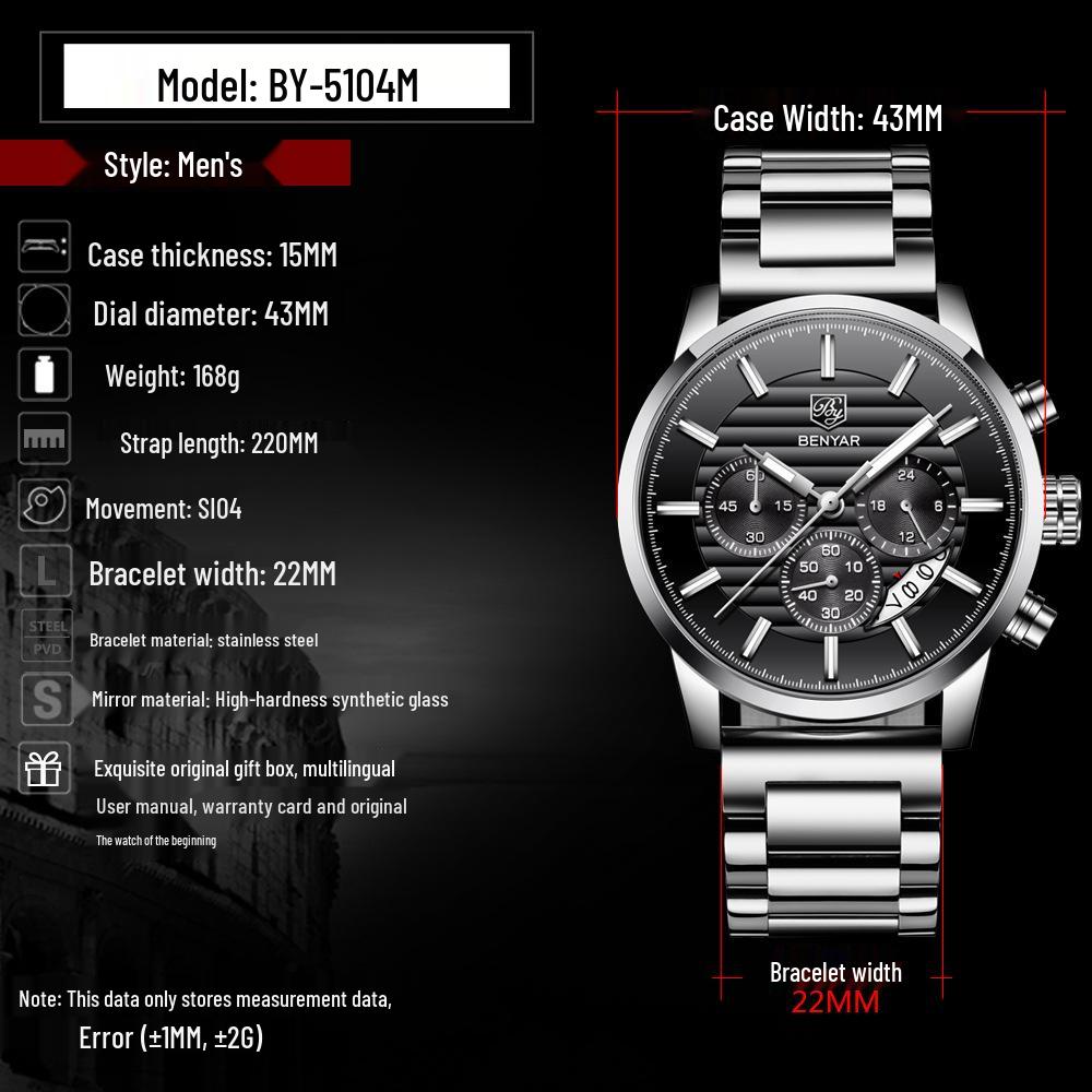 Binyan Men's Multifunction Quartz Watch - Fashion Leather with Calendar 5104