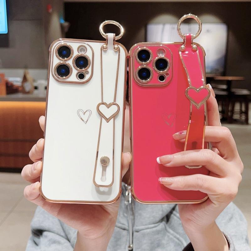 Electroplating Love Applicable iPhone17promax Hollow Love Wrist Strap Apple 16 Bracket Protective Cover 15 Soft