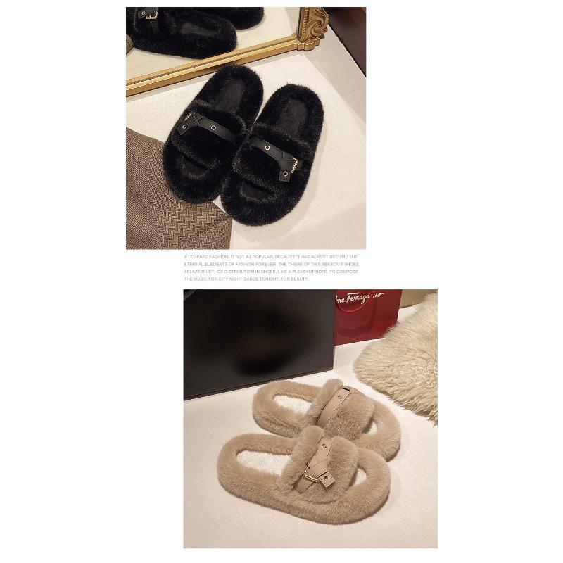 Women's Autumn and Winter New Fur Slippers Fashion Wear Belt Buckle Cotton Slippers