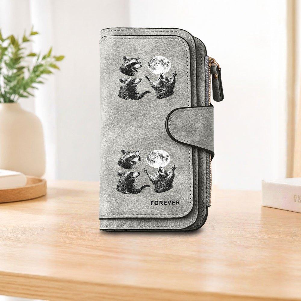 Raccoon Moon-Watching Long Zipper Wallet, Large Capacity Card Holder, Unisex Clutch Bag, Fashionable Zipper Coin Purse, Suitable for Daily Use, A
