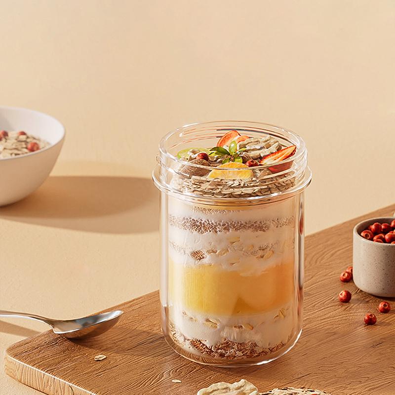 430 ml neue Frühstücksbecher Haferflocken Müsli Nuss Joghurt Salatbecher Auslaufsicherer Haferbehälter aus Glas mit Deckel Löffel Lebensmittelaufbewahrungsbox