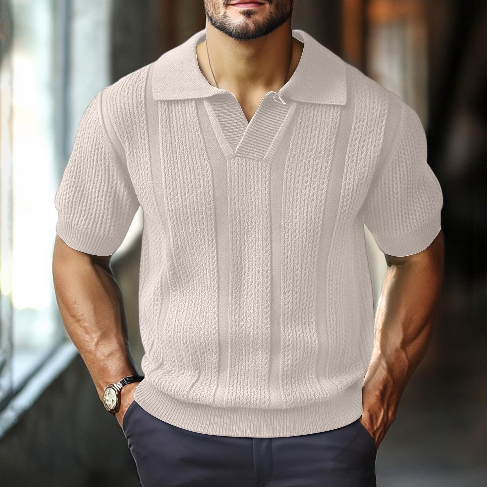 Men s Knit Shirt Short Sleeve Lapel Color Hollow Breathable Menswear L белый