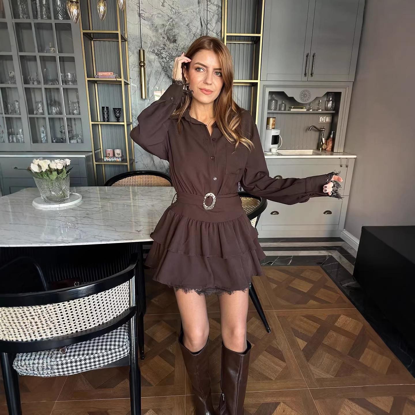 

Spring 2026 Long Sleeve Lace Patchwork Dress with Adjustable Belt & Metal Accents Extra Large кавовий