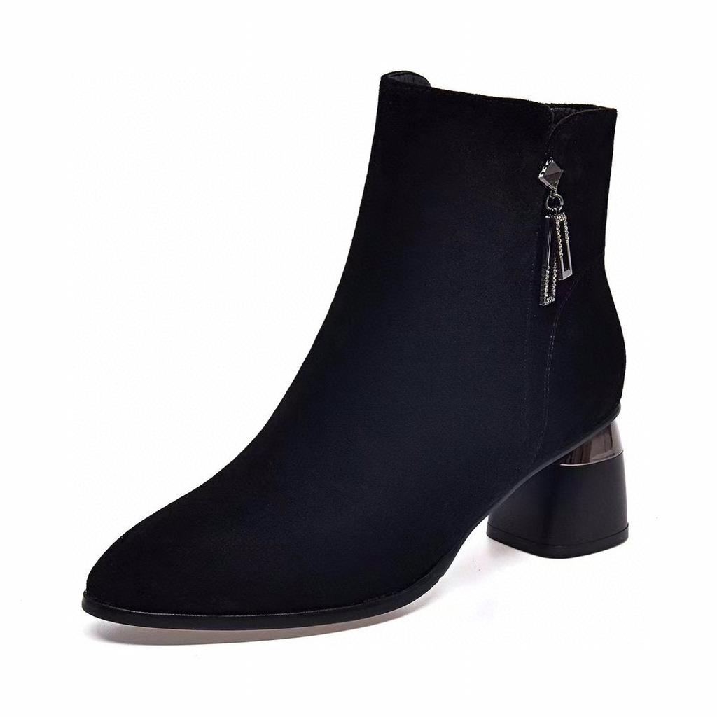 Pointed short boots fashion boots women's new black sheepskin coarse heel cotton boots two heights