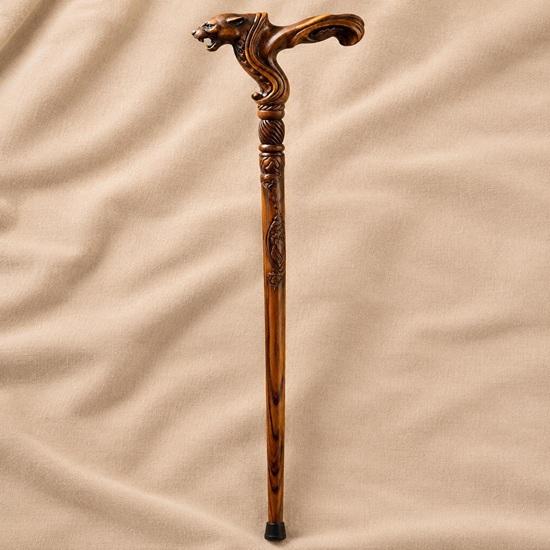 Hand Carved Panther Walking Stick Wooden Jaguar Head Cane Ergonomic Walking Aid Handmade Gift for Men Decorative Staff