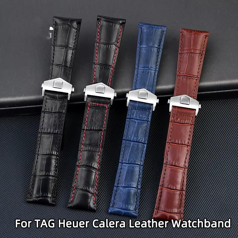 20mm 22mm 24mm Genuine Leather Watchbands for Tag Heuer Series Elastic Waterproof Cowhide Strap Folding Buckle
