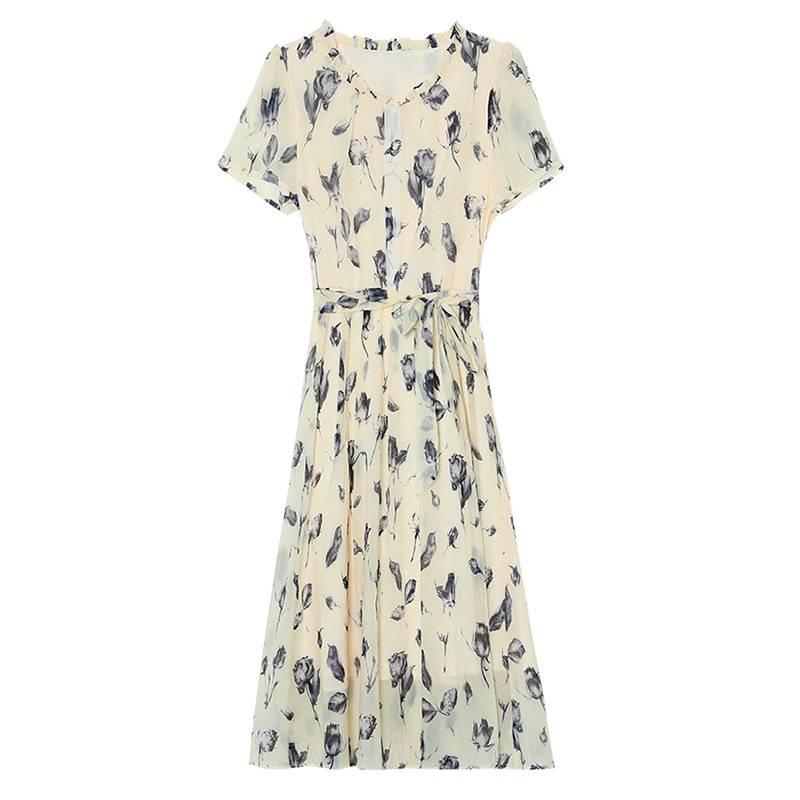 2026 Summer Silk Goddess Style Printed Short-Sleeve Loose Dress for Women