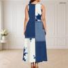 Women Plus Size Round Neck Triple Keyhole Cutout Sleeveless Printed Blue Beige White Long Maxi Dress