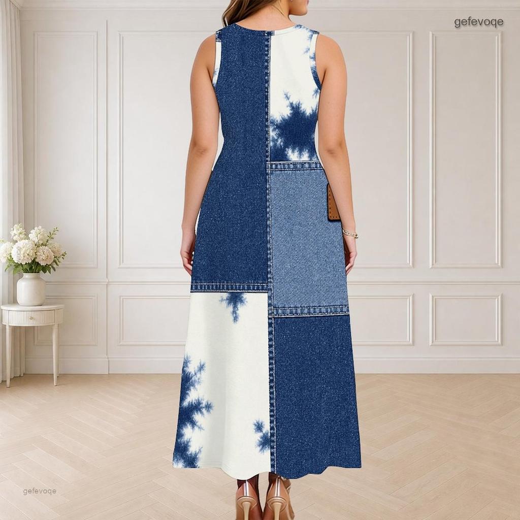 Women Plus Size Round Neck Triple Keyhole Cutout Sleeveless Printed Blue Beige White Long Maxi Dress