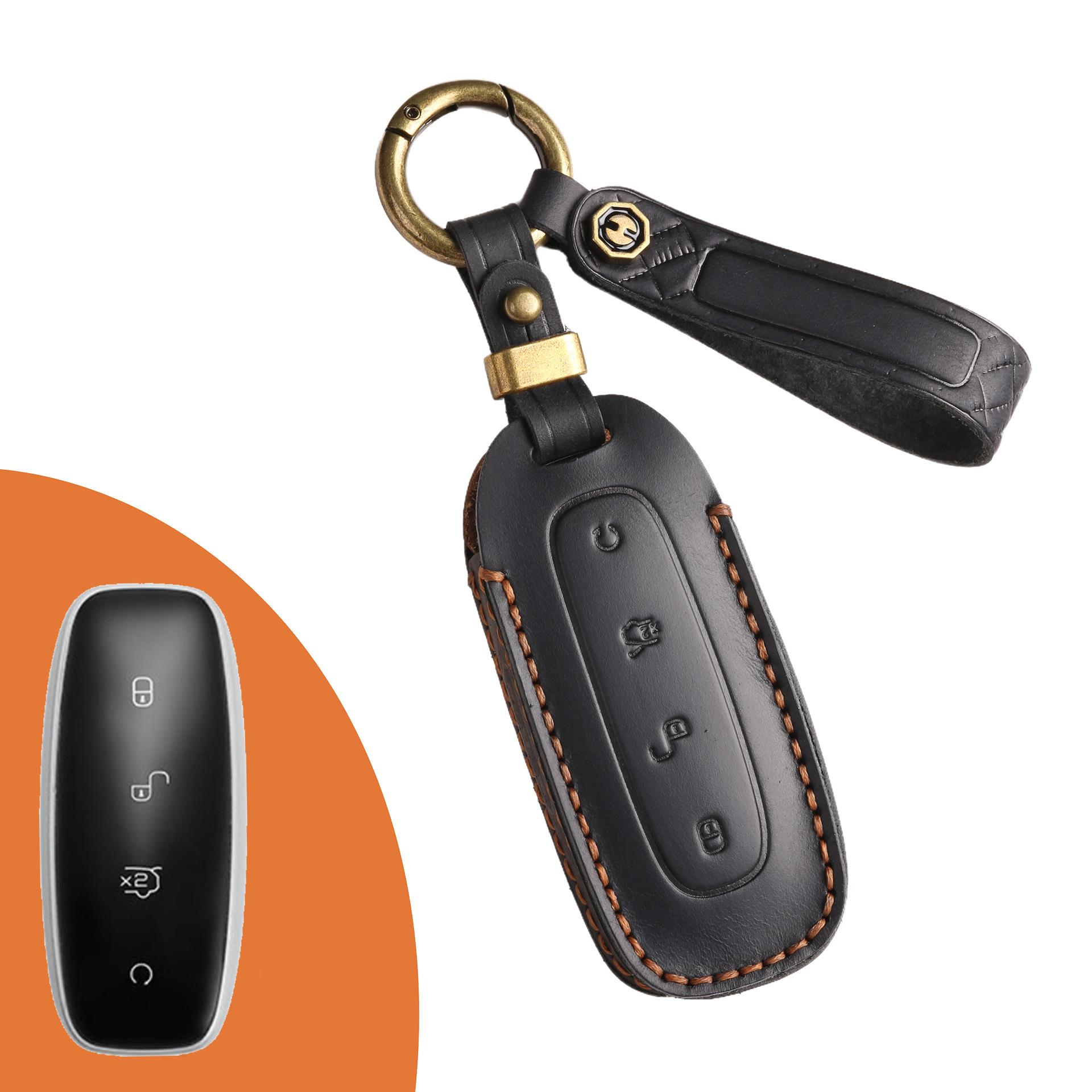 

Креативный и персонализированный чехол для ключа автомобиля подходит для сумки для ключа Denza D9, брелок из коровьей кожи первого слоя, брелок для ключей, натуральная кожа. чёрный