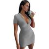 Summer Women Dress Zipper Stand Collar Short Sleeves Sheath Skinny Solid Color Stretchy Above Knee Length Commute Party Club Mini Dress