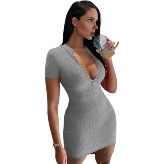 Summer Women Dress Zipper Stand Collar Short Sleeves Sheath Skinny Solid Color Stretchy Above Knee Length Commute Party Club Mini Dress