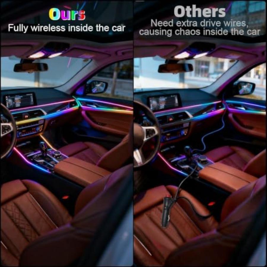 Acrylic Interior Car LED Lights with Wireless APP 6 In 1Ambient Lighting Kits Fiber Optic Strip LEDs 16 Million Colors Musicand