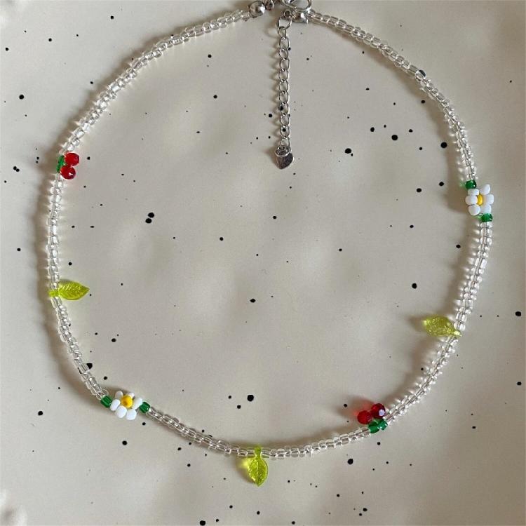 Colorful Beaded Necklace with Springtime Floral and Cherry Adjustable Neckchain Fashion Accessory for Everyday Wear
