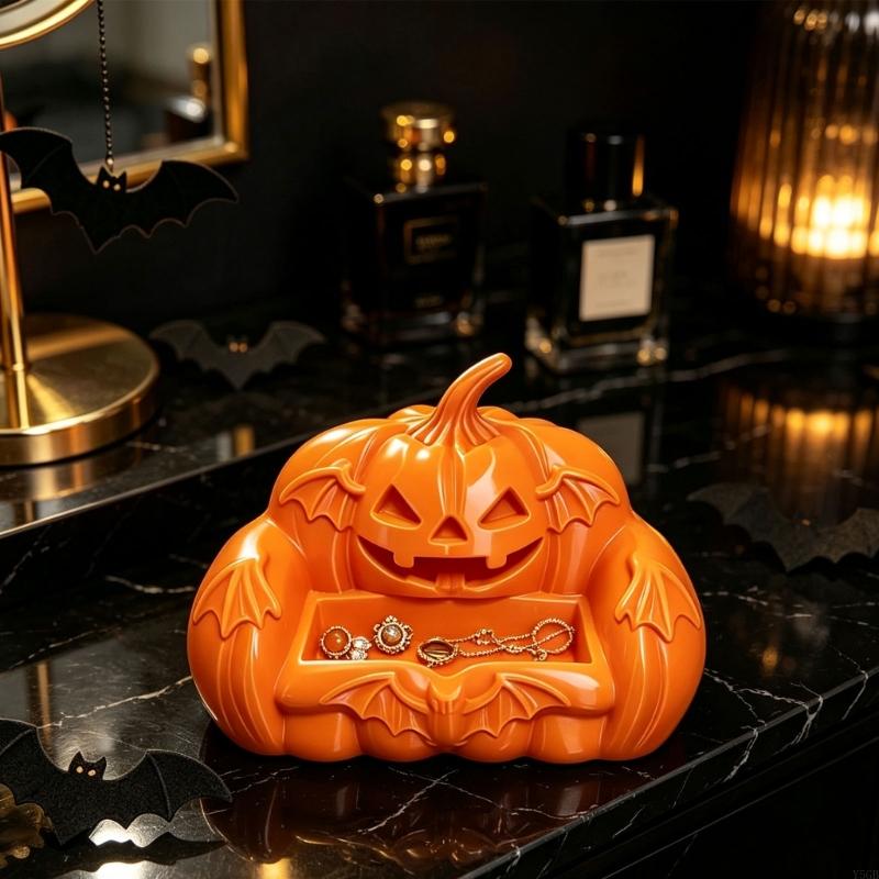Pumpkin Sofa Sculpture Jewelry Tray Halloween Rings Holder, 3D Printed Trinket Organizers with Bats Wing Embossing Design Y5GB