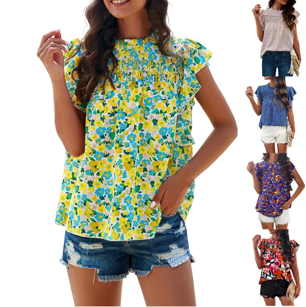 Sleeveless Ruffled Collar Printed Top With Loose Casual T-shirt
