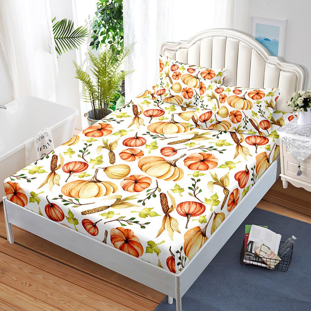 Sheet Three-Piece Bedspread Pillowcase Little Fox Pumpkin Thanksgiving Mattress Protective Cover