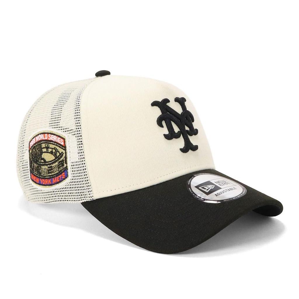 New Era 9FORTY A-Frame Trucker Mesh Cap ONSPOTZ Exclusive Side Patch 2-Tone MLB New York Mets Snapback Cap Men Women NYM Chrome Black Free Size