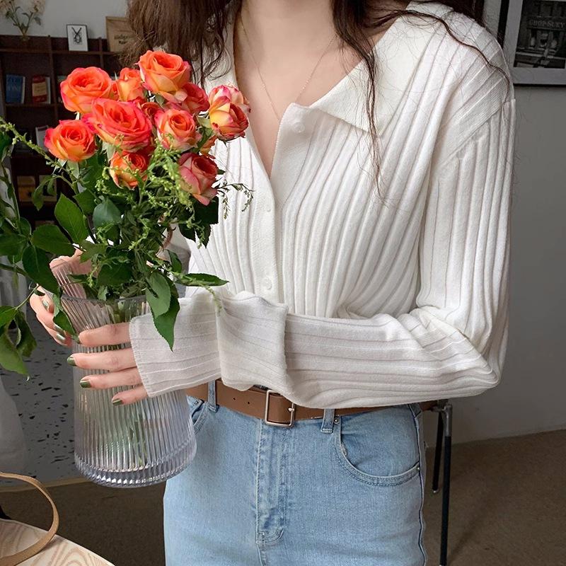 

Вязаный базовый свитер с лацканами, весенний новый, ретро, нежный кардиган, облегающий топ для женщин One size белый