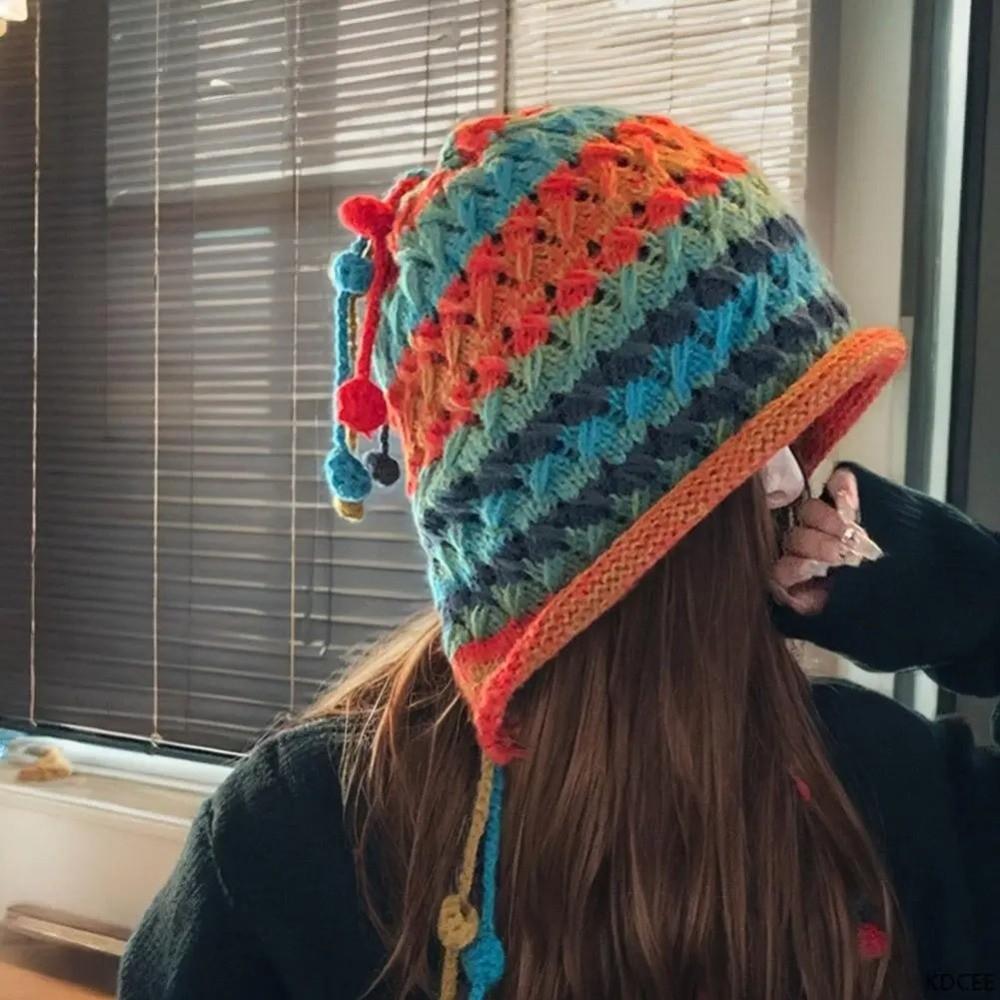 Tassel Beanie Hat Ethnic Style Ear Protection Cap Fashion Knitted Woolen Hat  for Women