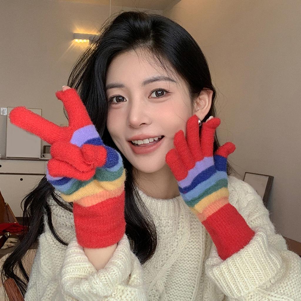 Girls 2 Finger Exposed Gloves Full Finger Warm Mittens with Striped Pattern Knitted Mittens for Women Winter Supplies