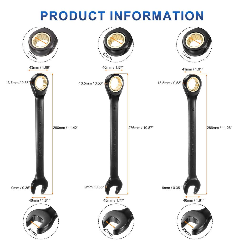 uxcell 3-Piece Ratchet Wrench Set 21-23 mm Metric Open-End Wrench 72 Teeth CR-V Steel 12-Point Nickel Plated Combination Ratchet Wrench for Fasteners,