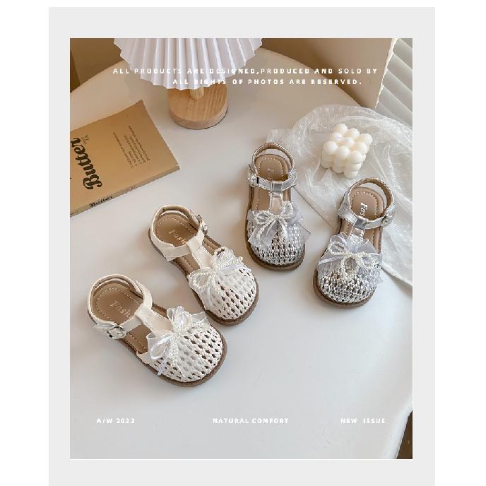Girls' Lace Bowknot Woven Hollow Sandals2026Summer Pearl Princess Sandals with Closed Toe for Beach Fashion
