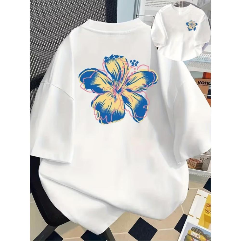Colorful Hibiscus Flower Print T-Shirt Unisex Oversized Casual Crew Neck Tee Retro Tropical Floral Graphic Shirt S