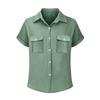 Womens Summer Fashion Color Lapel Casual Button Pocket Short Sleeved Shirt Top