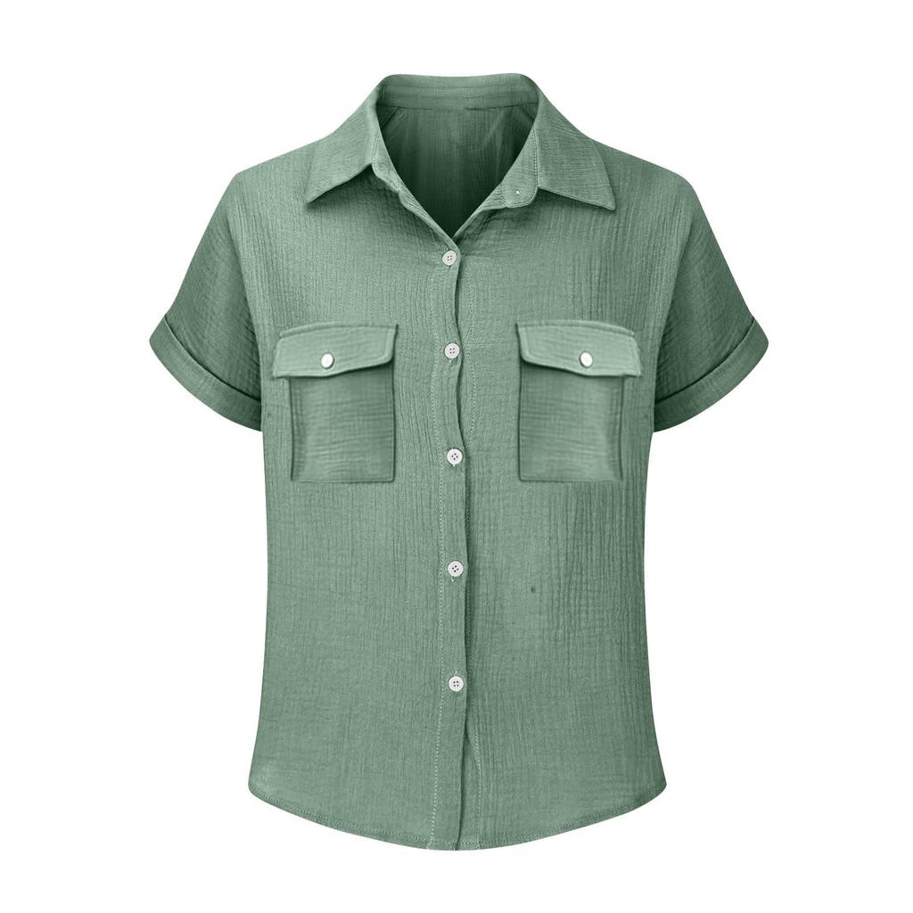 Womens Summer Fashion Color Lapel Casual Button Pocket Short Sleeved Shirt Top