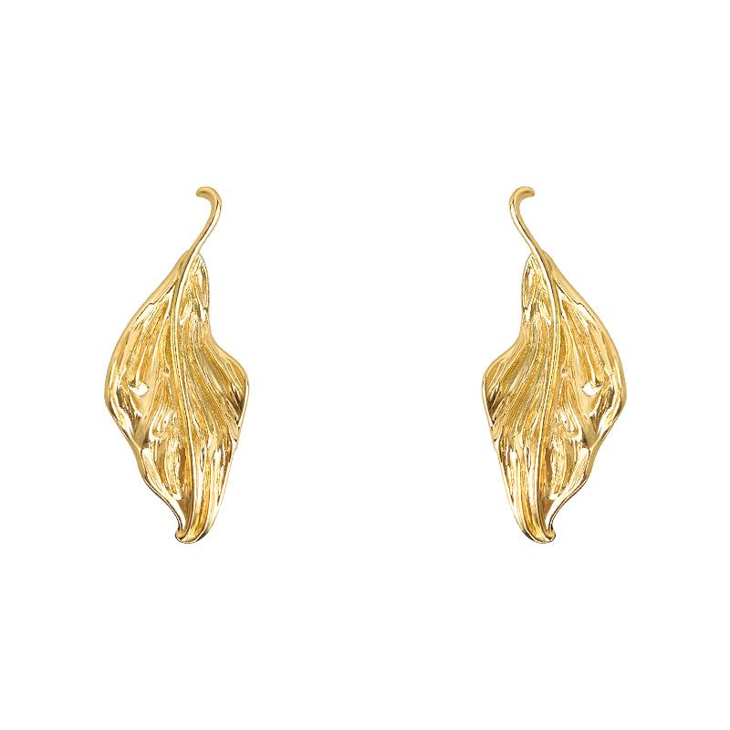 One Leaf 18k Gold Textured Leaf Earrings - Elegant Literary Light Luxury Design