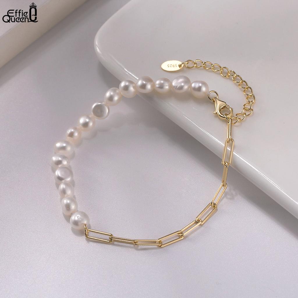 EFFIE QUEEN Vintage Natural Pearl Bead Bracelet for Women Minimalist 925 Sterling Silver Paperclip Chain Bracelet Jewelry GPB01