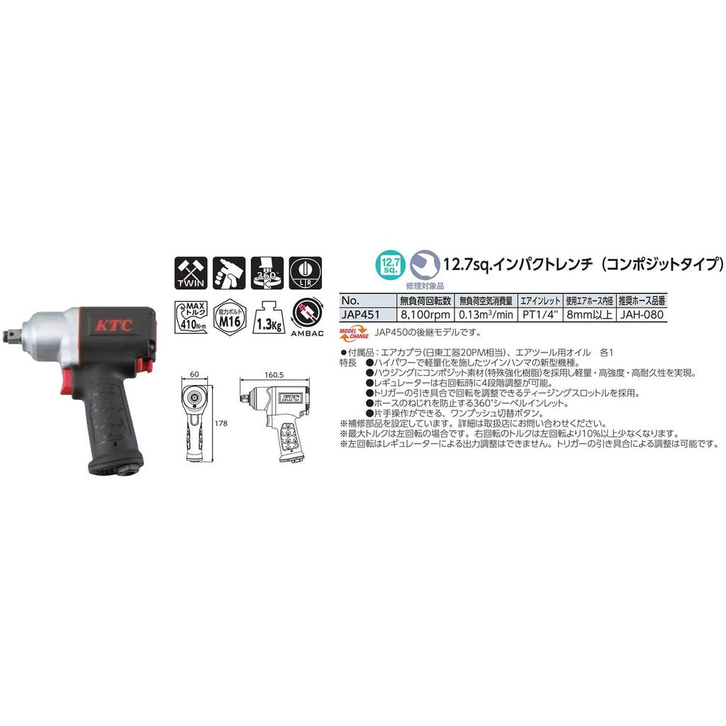 Kyoto Machine Tool Impact Wrench JAP451 Black (KTC) 12.7 sq. (Composite Type)