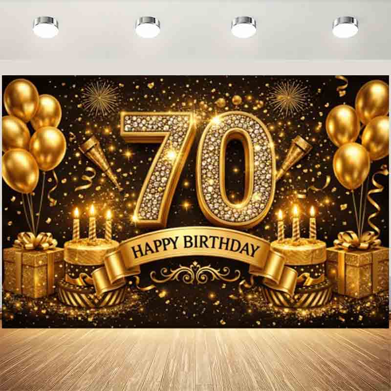 Black Gold 70th Happy Birthday Photography Backdrop Diamond Number Golden Balloon Cake 70 Years Old Birthday Party Photo