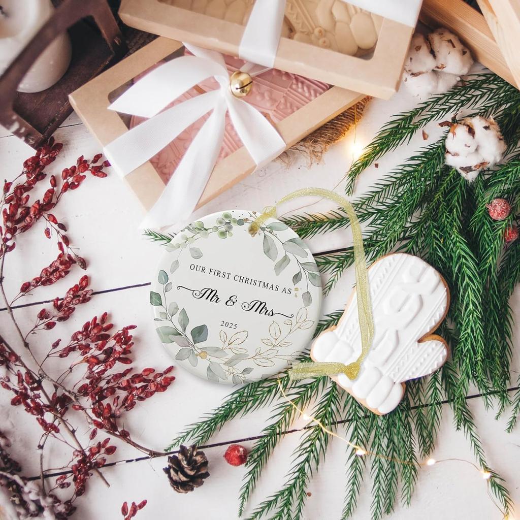 Our First Christmas Married Ornament 2025,Wedding Gifts for Couples Unique Decoration,First Year Newlywed Mr and Mrs Hanging 2.9" Ceramic Round