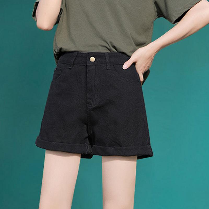 Rolled Denim Shorts Women's Fashion A-line High Waist Casual Loose Wide Leg Shorts