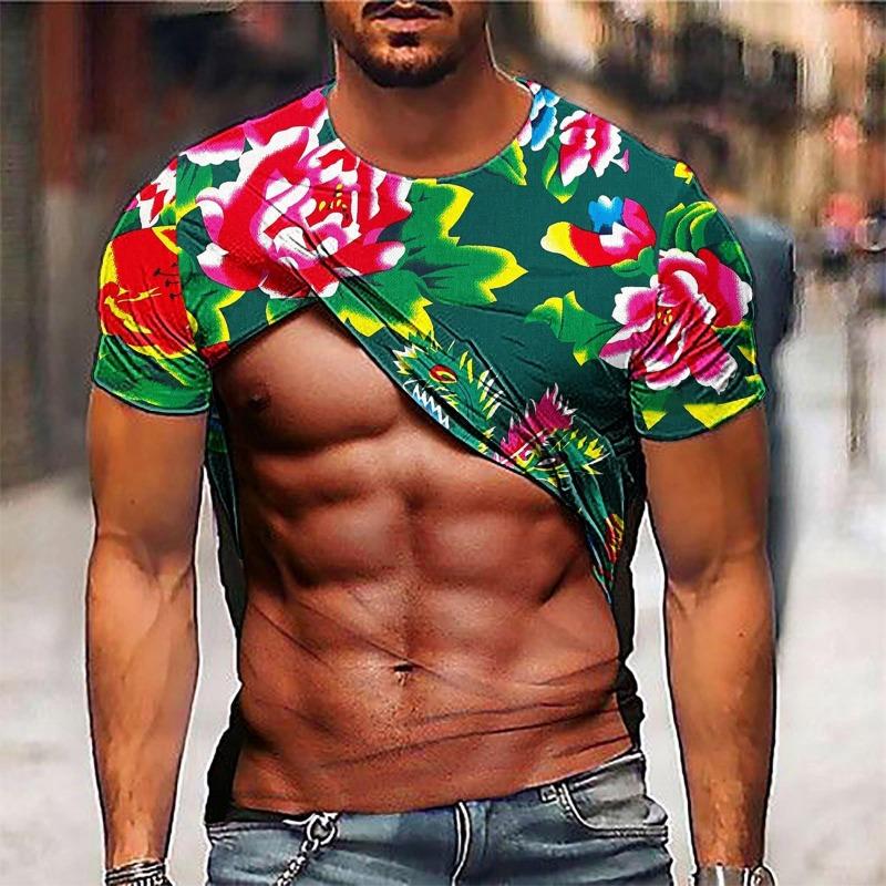 

Мужская 3D-печатная футболка с короткими рукавами и имитацией мышц 3D, повседневный пуловер с короткими рукавами 6XL