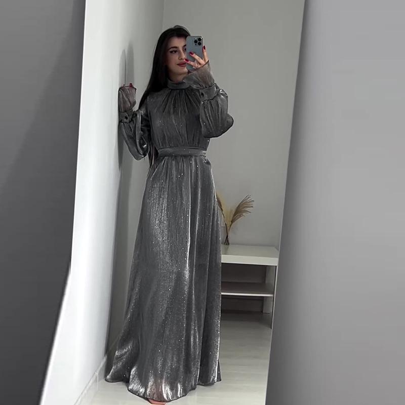 2024 Autumn Elegant European & American Lace-Up Waist-Cinching Glass Yarn Dress for Women