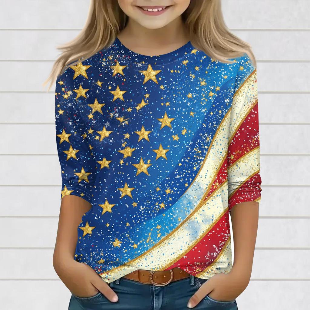 Druckoberteile für junge Mädchen 3-10 Jahre Rundhals 3/4-Ärmel T-Shirts Trendige Oberteile Outfit T-Shirts