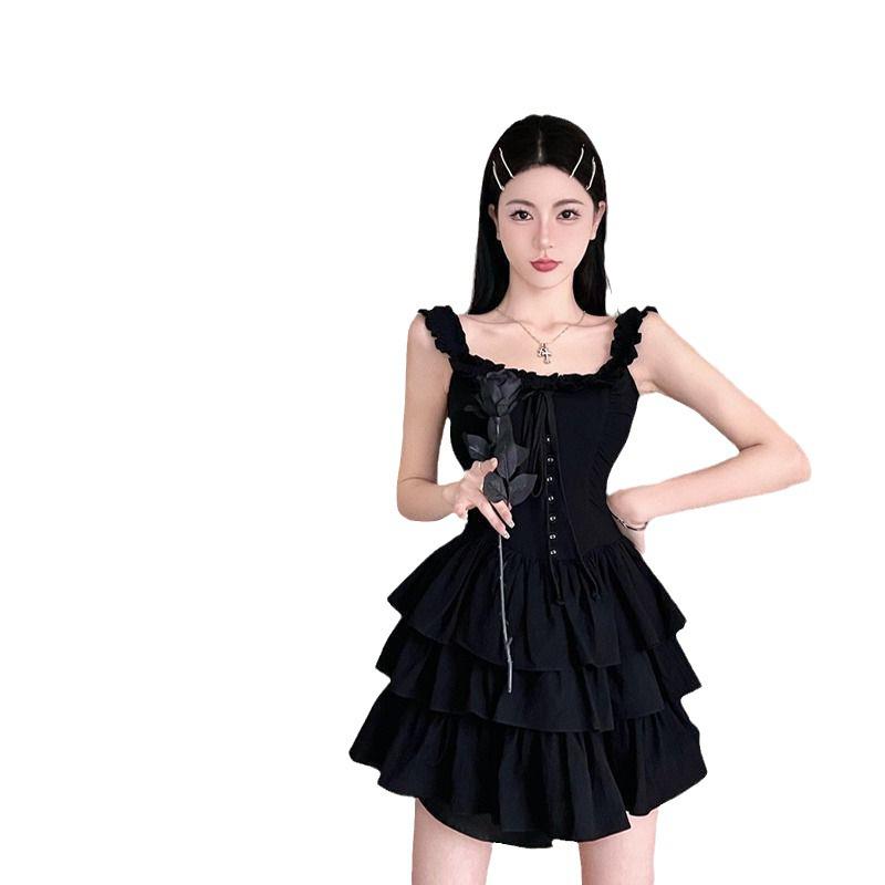 2024 Women's Black Ruffle Suspender Dress - Summer Sexy Cake Style