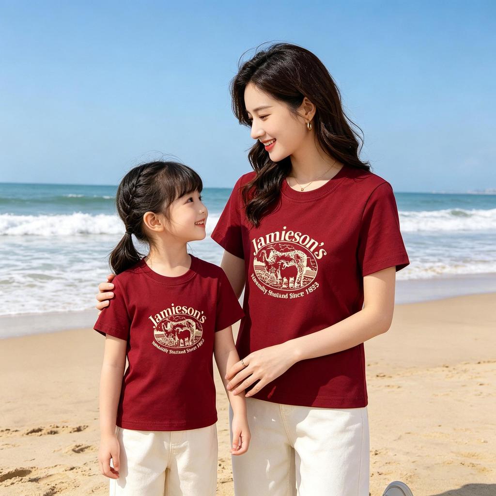 100% Baumwolle Lamm-Print Mutter-Tochter Partnerlook Kurzarm T-Shirt - Rundhals, Lässiges Oberteil