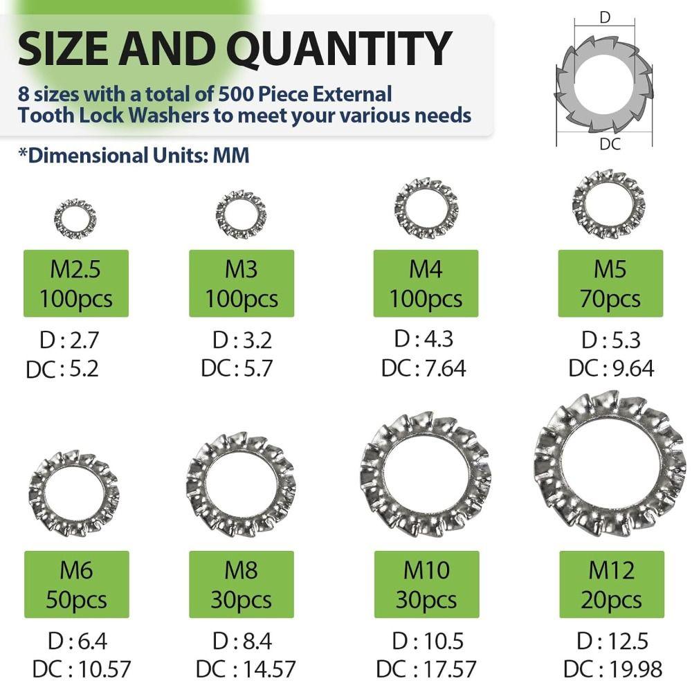 500PCS Star Serrated Metric Split Lock Washer Set Gasket Spacer Assortment Set Industrial
