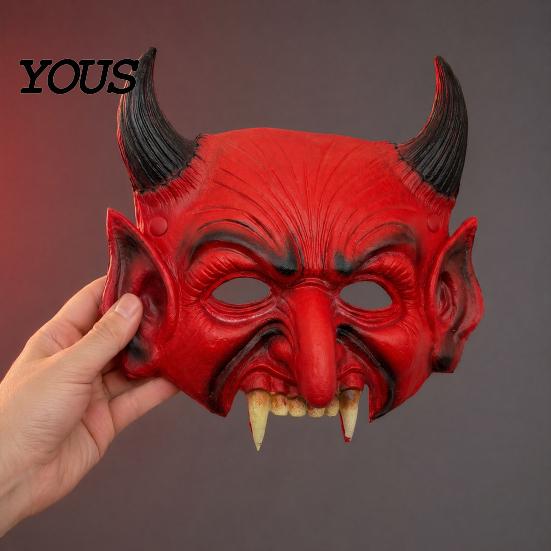 Maschera Comoda Traspirante Halloween Demone Schiuma, Diavolo Rosso Spaventoso Mezzo Volto Retrò Nero per Cosplay, Costume, Accessori Festa in Maschera