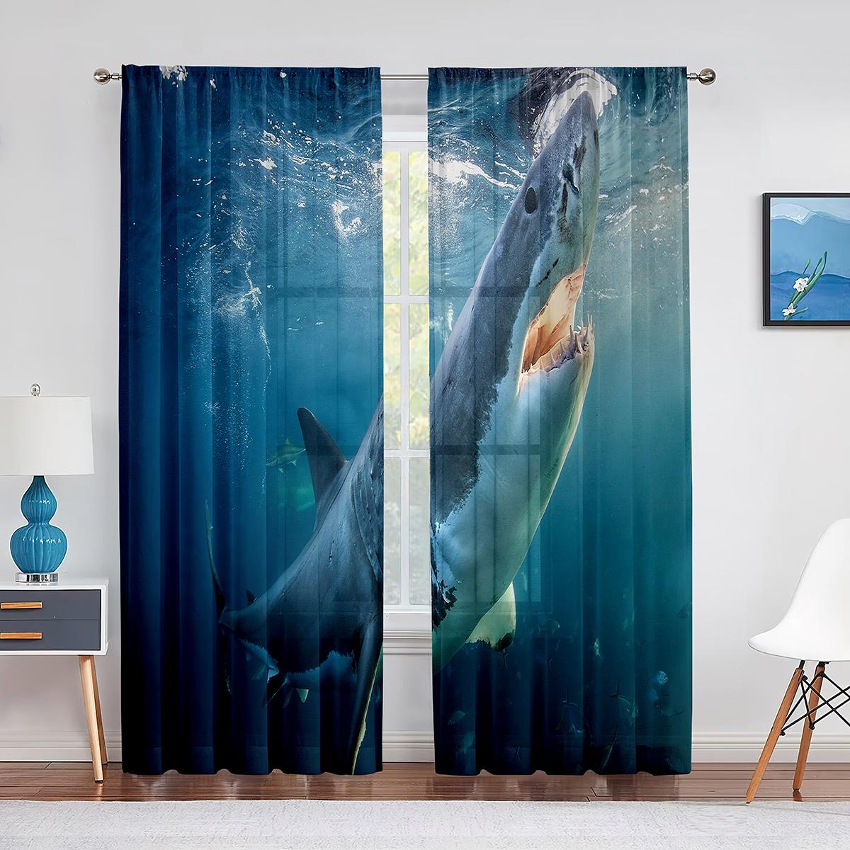 3D Акула Рыба Океан Морская Тема Прозрачная Вуаль Шторы для Гостиной Окна Шифоновые — фото 3