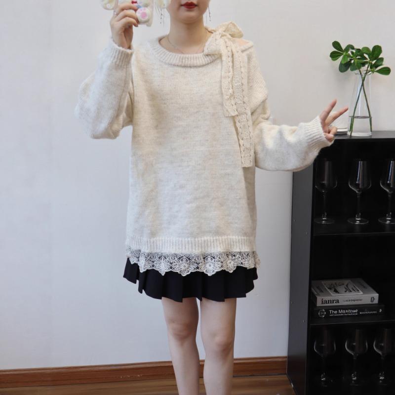 Premium lace lace-up bow knitted sweater top autumn and winter new off-the-shoulder sweater pullover women