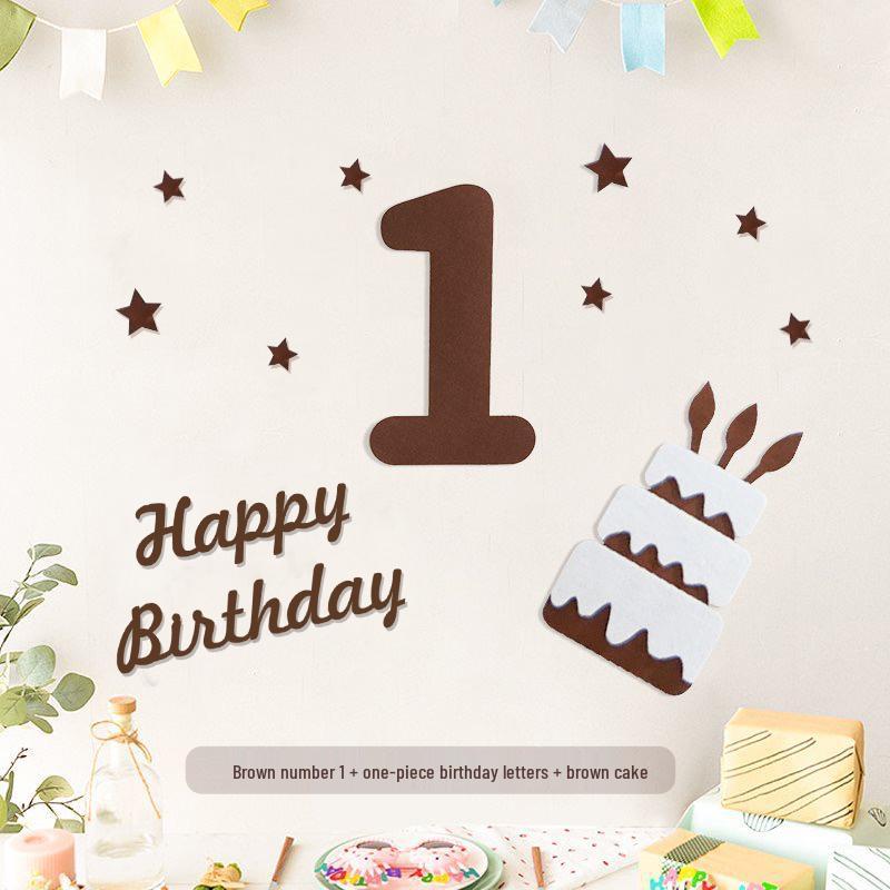 Minimalist Mori-Style Felt Happy Birthday Cake Wall Sticker for Baby's 1st Birthday Photo Props.